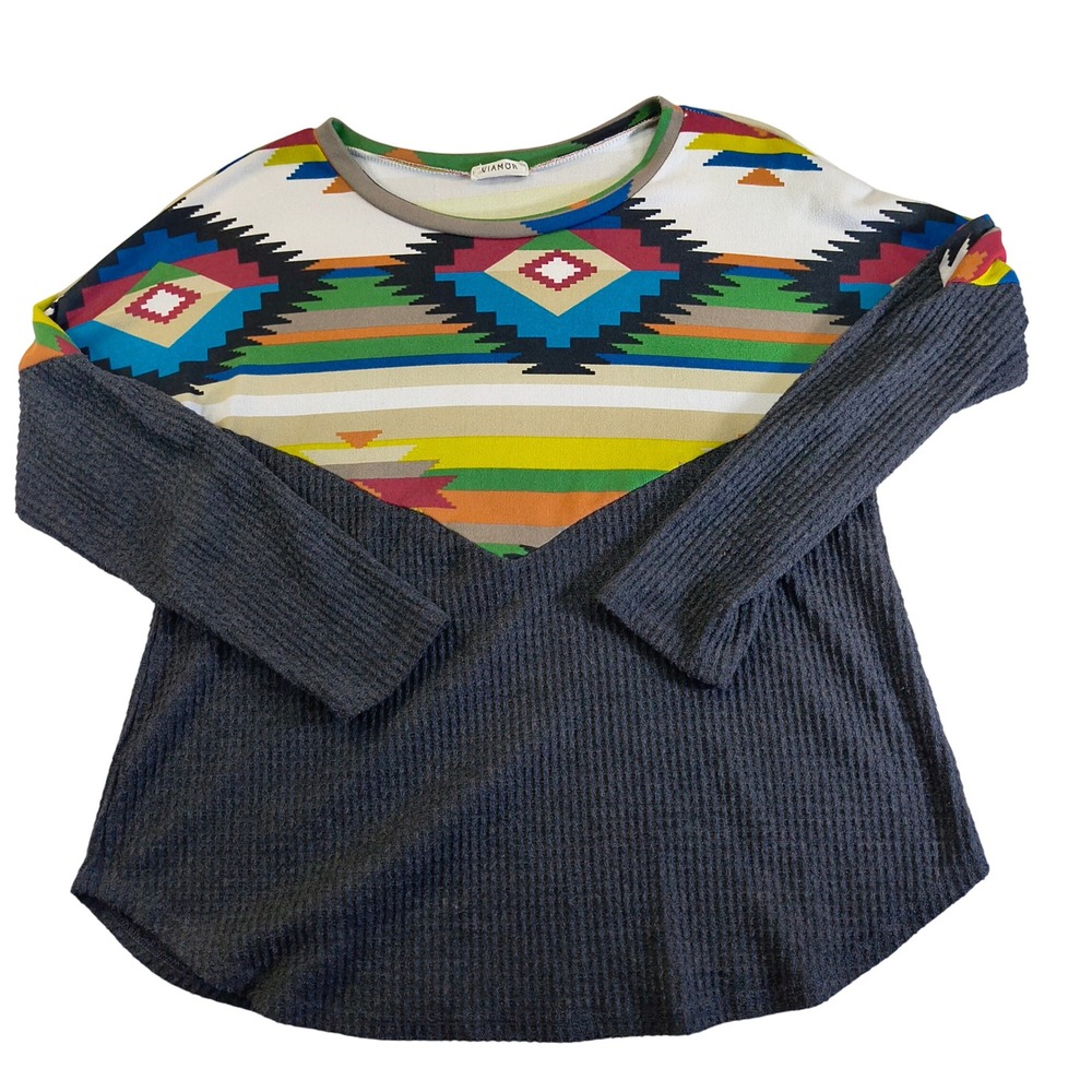 Viamor Aztec Print Waffle Knit Top Boho Western Long Sleeve Fall Shirt